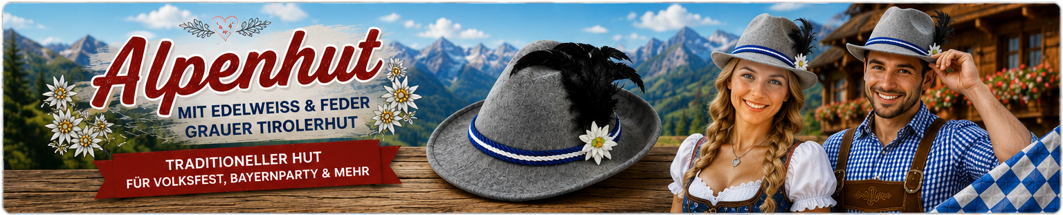 Grauer Alpenhut mit Edelwei&szlig;, schwarzen Federn und blau-wei&szlig;er Kordel